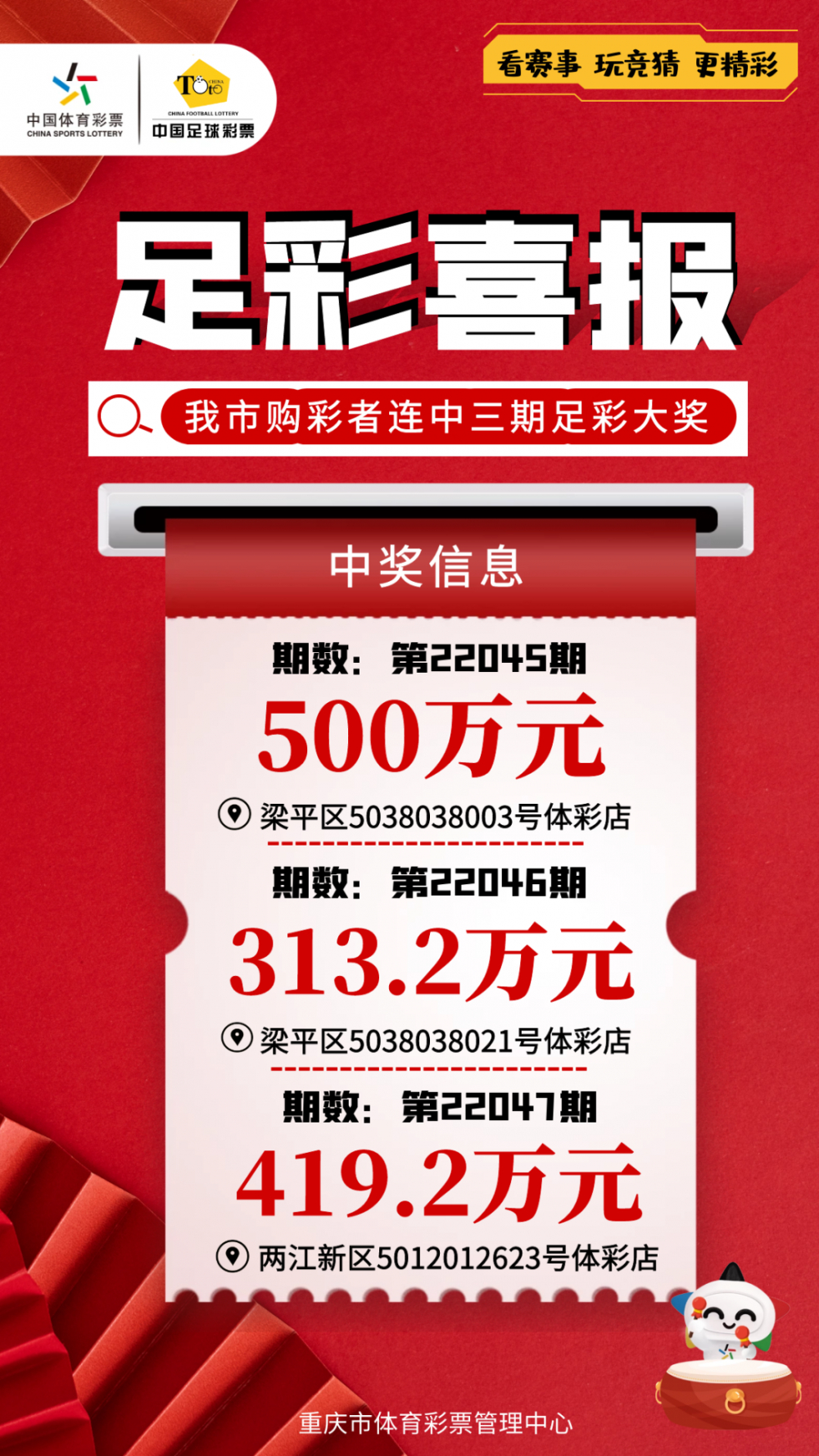 我市购彩者喜中足彩第22045期500万